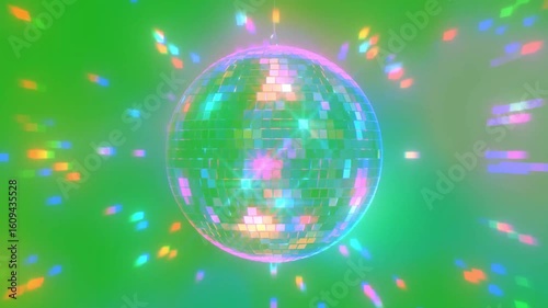 Colorful disco ball revolving and ejecting light flares in all directions on green screen