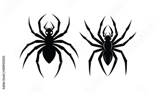 Two silhouetted spiders facing each other on a white background