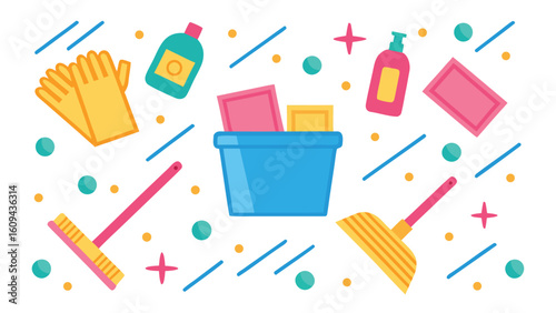 Cleaning Equipment and Supplies Illustration for Home and Professional Use with Bright and Playful Design for a Fresh and Organized Space