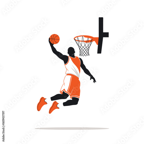 Silhouette of a basketball player executing a powerful dunk shot.
