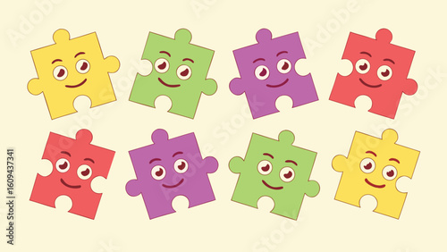 Colorful Jigsaw Puzzle Pieces with Smiling Faces Isolated on Light Background Concept for Teamwork and Problem Solving