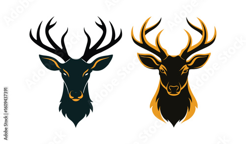 Two stylized deer heads with antlers facing forward