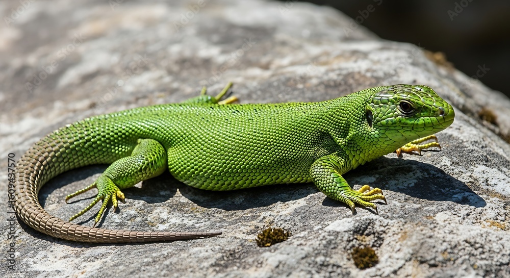Close-up view of a vibrant green European green lizard resting on a textured rock surface basking Close-up view of a vibrant green European green lizard resting on a textured rock surface basking