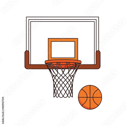 A basketball hoop with a net and a basketball on a white background.