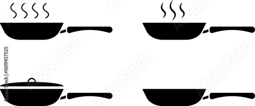  frying pan with rising steam. Cooking pan icons. symbolizing cooking and kitchen activities. suggesting mystery or curiosity

