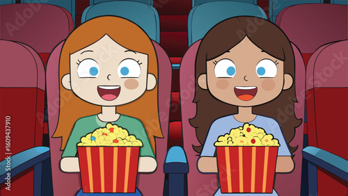 children watching movie in a theatre while eating popcorn