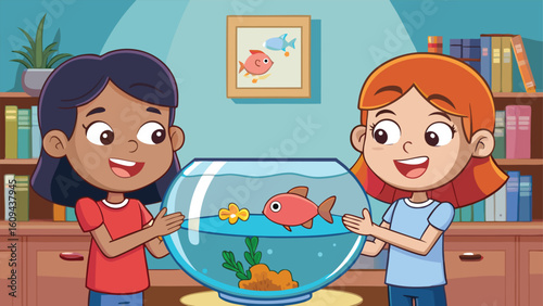 Kids enjoying time by the fishbowl in a cozy room