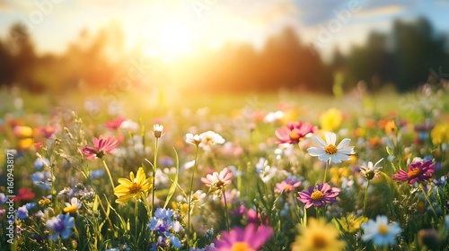 Summer meadow filled with blooming flowers vibrant nature landscape in sunlight