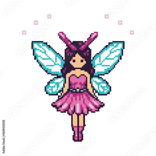 Pixel Art Fairy with Pink Dress and Turquoise Wings.
