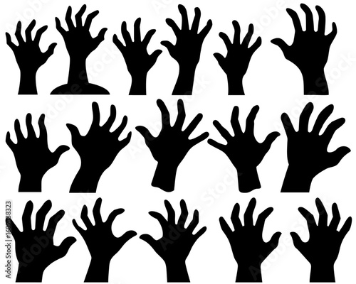 Set of thirteen black Halloween hand silhouettes in various spooky poses