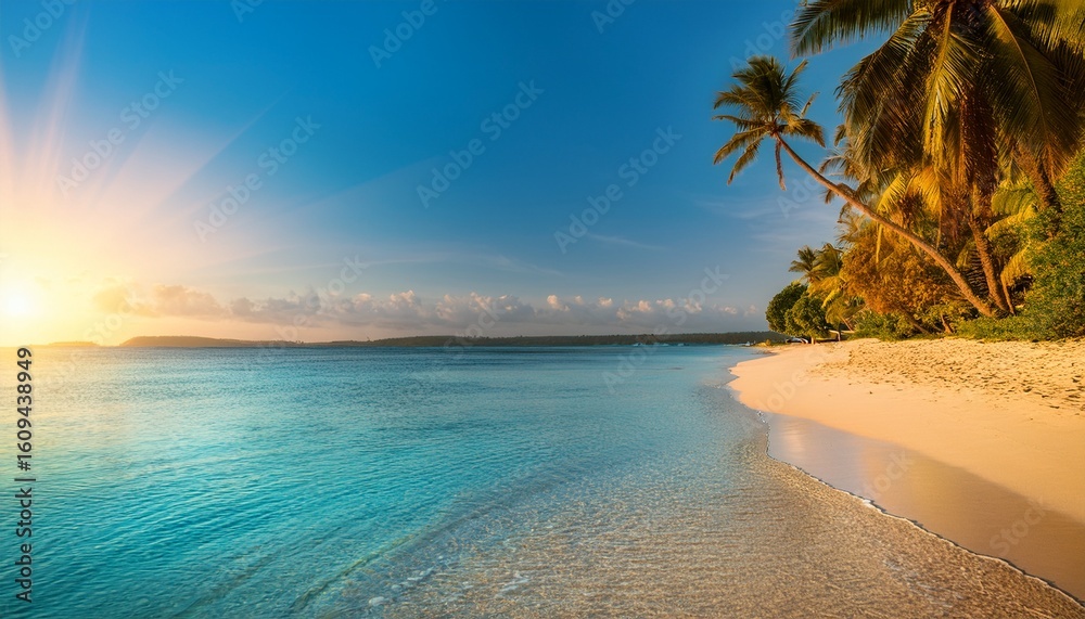 Fototapeta premium tropical beach with palm trees and calm turquoise waters at sunrise