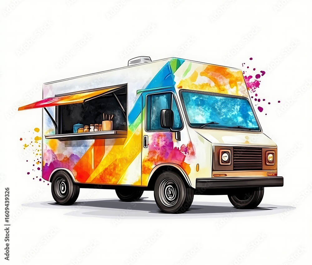 Fototapeta premium Colorful Food Truck with Artistic Graffiti Style Paint and Open Serving Window on White Background