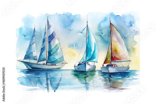 set of watercolor  Catamaran Sailboat vector illustration isolated on white background