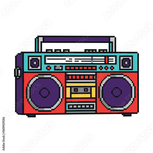 Colorful Pixel Art Retro Boombox with Speakers and Cassette Deck.