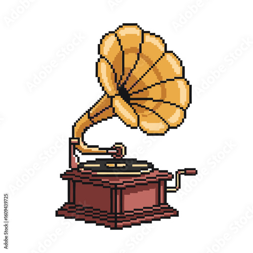 Pixel Art Antique Gramophone with Horn and Crank.