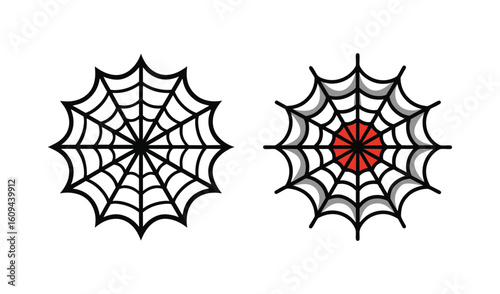 Two stylized spiderwebs one with a red center on a white background