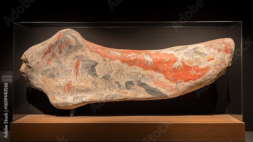 Giant sloth bone adorned with shifting cave paintings depicting hunting scenes and celestial maps.