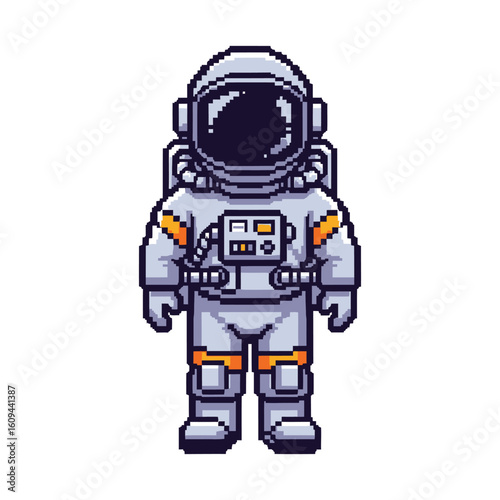 Detailed pixel art astronaut in grey and orange spacesuit.