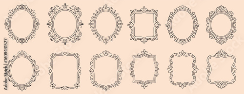 Gothic vintage frame set, vector royal baroque border, dark classic antique ornament, floral oval. Victorian elegant mirror, rococo magic ornate decoration with copy space. Wedding gothic frame kit 