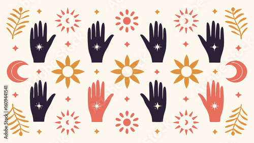 Esoteric seamless pattern with hands suns moons and stars for spiritual themes and decorative celestial backgrounds