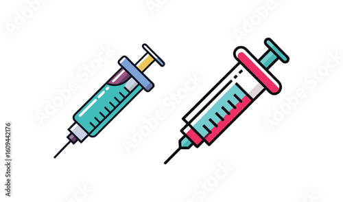 Two colorful cartoon syringes with liquid inside on a white background