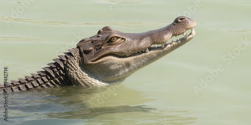 A crocodile with its head and part of its body above the water looking up and to the right