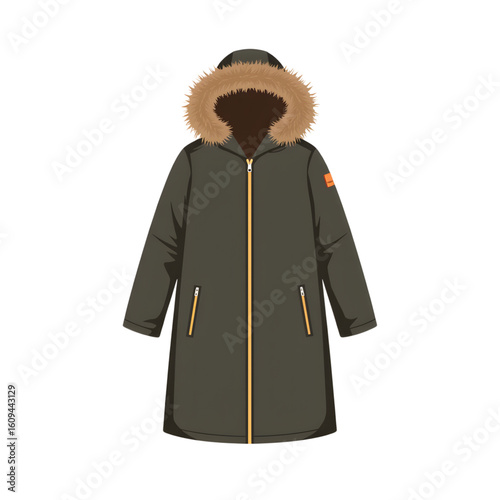 Warm parka coat with fur hood in green and orange accents  