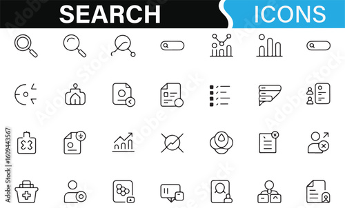 Icons for Searching Documents, Files, and Data with Magnifying Glass
