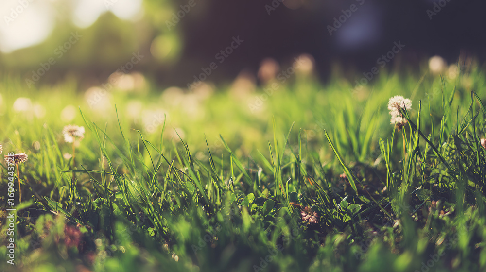 Fototapeta premium Serene spring meadow with blooming flowers bathed in morning light, creating a peaceful natural setting.