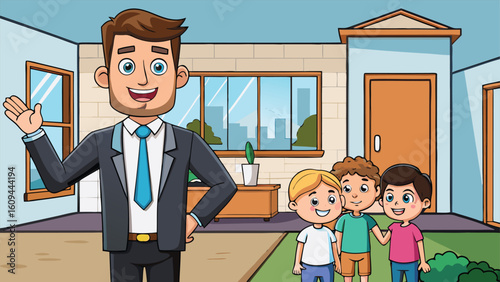 Real estate agent greeting happy children at home