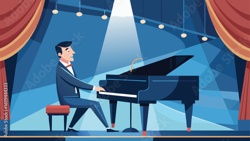 Pianist performing on stage with spotlight shining