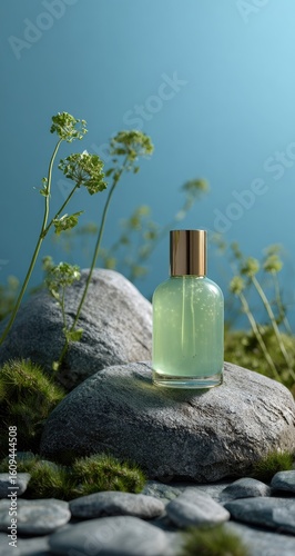 Green perfume bottle on rocks, with plants