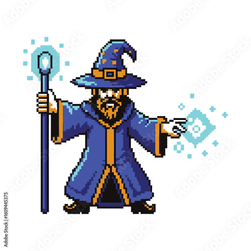 Pixel Art Wizard with Staff and Magic.