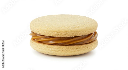 dulce de leche filled alfajor cookie isolated on white background for dessert and snack photography