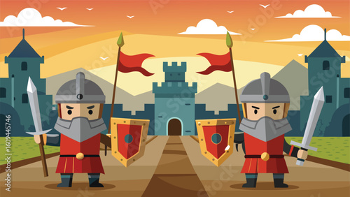 Two medieval soldiers guard the castle at sunset