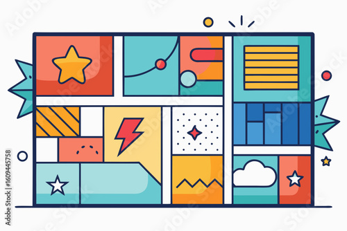 Comic layout showing overlapping square panel design