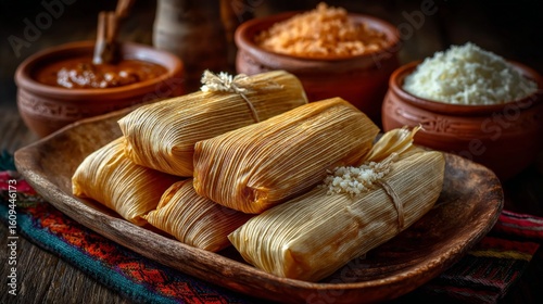 Traditional mexican tamales on rustic wooden plate for culinary delight.