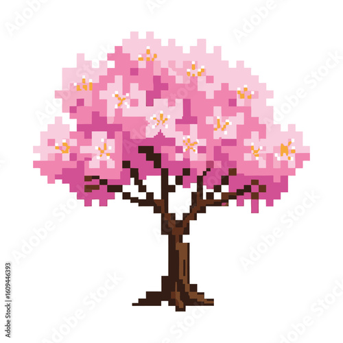 Pixel art illustration of a blooming Japanese cherry blossom tree with pink flowers.