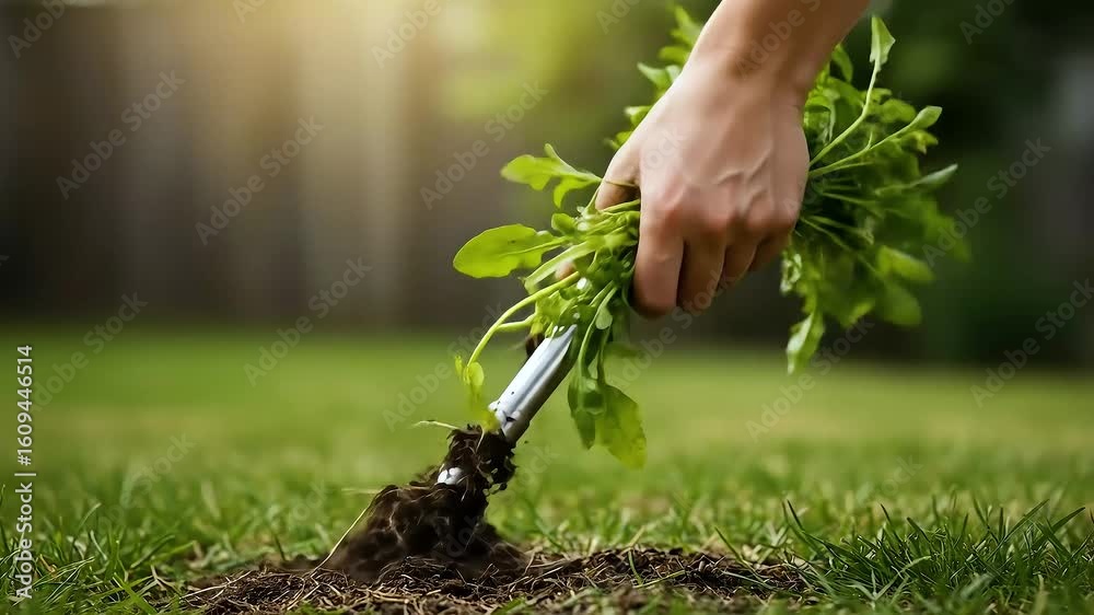 Removing weeds from lawn with gardening tool