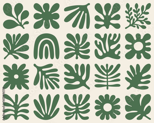 Trendy 70s-inspired groovy tile grid with abstract leaves, flowers and rainbow shapes in sage green on cream. Modern organic pattern for branding, print and home decor.