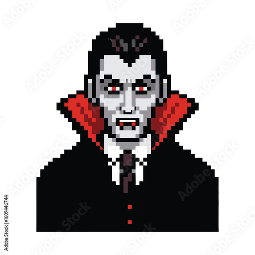 Retro 8-bit pixel art vampire character with menacing red eyes and sharp fangs.