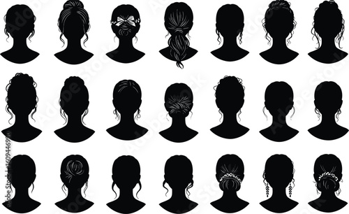 Woman silhouette, female hairstyle clipart, woman head vector, messy bun silhouette, bridal hair clipart, back view woman silhouette