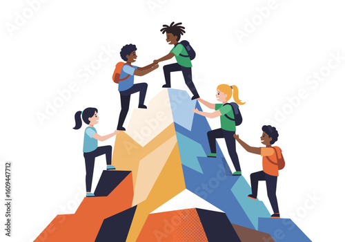 Diverse Group of Children Climbing a Mountain Helping Each Other.