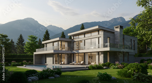 Modern luxury villa with mountain views, architecture showcasing contemporary living