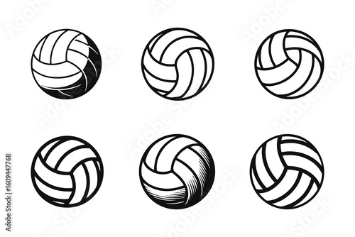 Volleyball Set Icons, Black And White Sports Balls Vector Illustration Silhouettes.	
