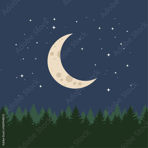 A crescent moon shines brightly in a night sky above a dark, silhouetted evergreen forest.