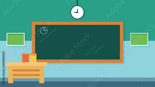 Empty Classroom with Chalkboard Clock and Hanging Light