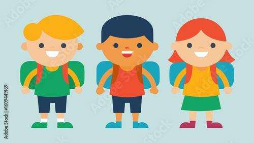 Flat Art of Happy Children with Colorful Backpacks