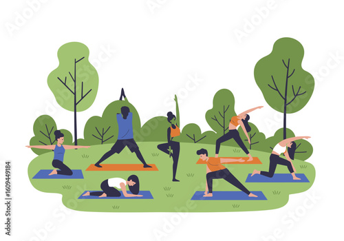 Diverse Group Practicing Yoga Poses Outdoors on Colorful Mats in a Park Setting.