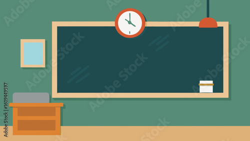 Empty Classroom with Chalkboard Clock and Hanging Light